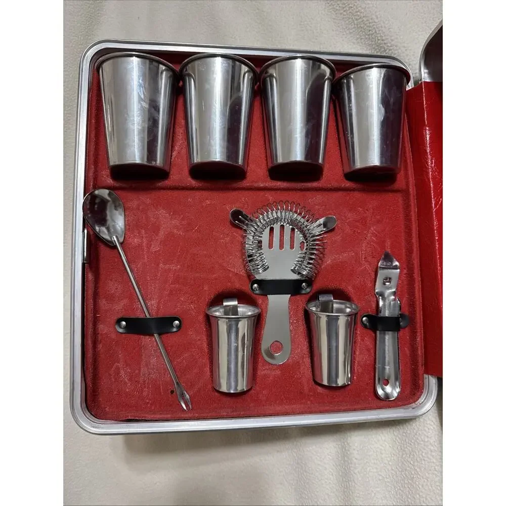 Vintage 10 Pc Platt Travel Cocktail Bar Liquor Case Portable - Aluminum Glasses